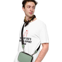 Emotional support human graphic featuring a dog and person, printed on a white t-shirt, front view