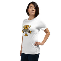 Professional pet servant graphic with a dog, printed on a white t-shirt, front view