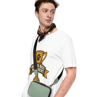 Professional pet servant graphic with a dog, printed on a white t-shirt, front view