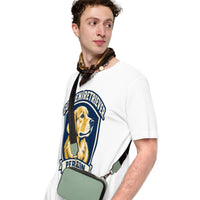 Unisex staple t-shirt showing golden retriever breed badge graphic, White, left front view