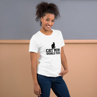 Cat mom world tour graphic featuring a cat, printed on a white t-shirt, front view