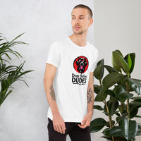 Unisex staple t-shirt showing dogs before dudes graphic, White, right view