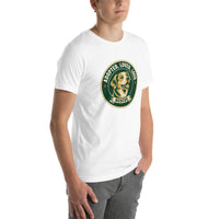 Unisex staple t-shirt showing adopted loved loud rescue dog graphic, White, right front view