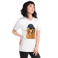 Unisex staple t-shirt showing golden retriever with sunglasses graphic, White, right front view