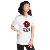 Unisex staple t-shirt showing dogs before dudes graphic, White, right view