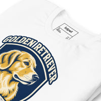 Unisex staple t-shirt showing golden retriever breed badge graphic, White, front view