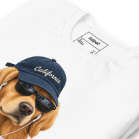 Unisex staple t-shirt showing golden retriever with sunglasses graphic, White, front view