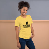 Cat mom world tour graphic featuring a cat, printed on a light t-shirt, front view